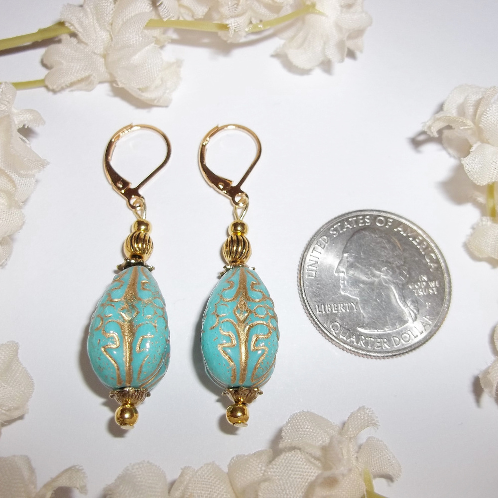 Earrings, Turquoise Earrings, Turquoise Blue and Gold Earrings, Earring Set 7768 - Picture 8 of 10